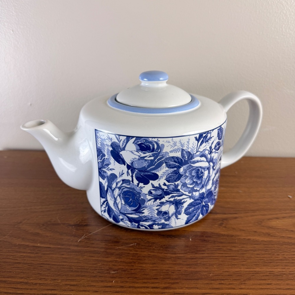 Vintage Blue White Floral Transferware Stoneware Teapot Made in Thailand